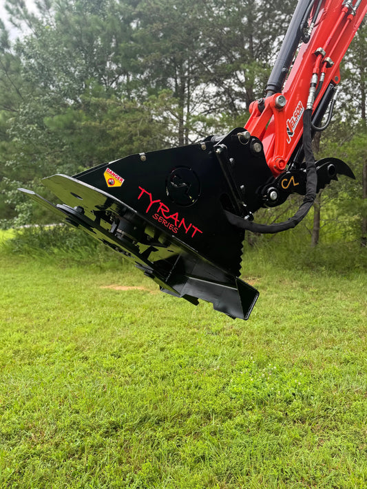 Tyrant II Hydraulic Rotary Brush Cutter mounted on compact excavator – built for serious land clearing performance.